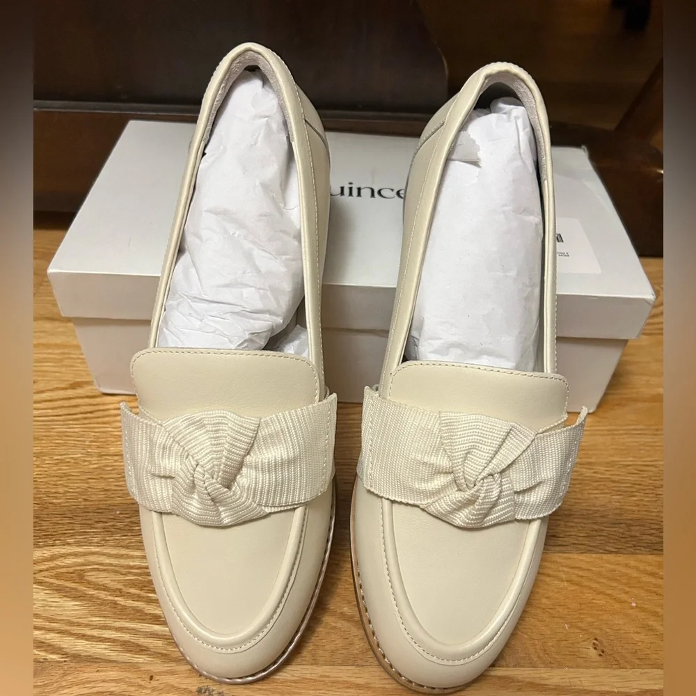 NEW Quince 9 Italian leather bow Elegant Cream Loafers - Picture 1 of 8